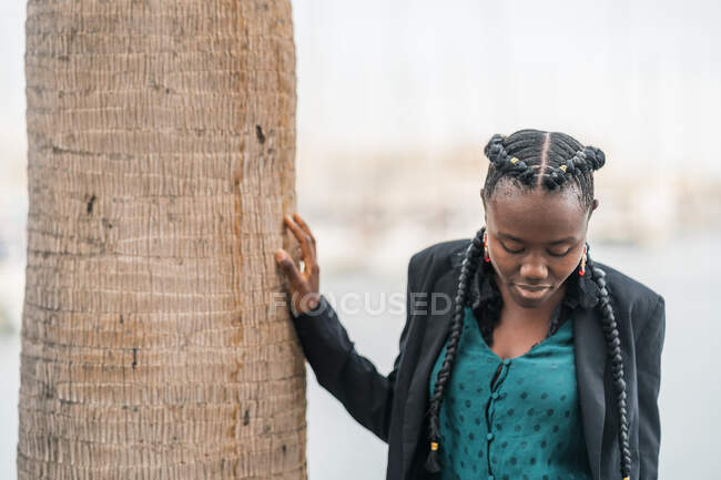 Elegante mujer afroamericana hermosa pensativa con trenzas africanas mirando seriamente hacia abajo en el parque - foto de stock