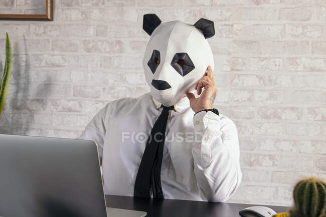 Empresario masculino cansado anónimo con máscara de oso panda y camisa blanca trabajando en la mesa con netbook en el espacio de trabajo - foto de stock