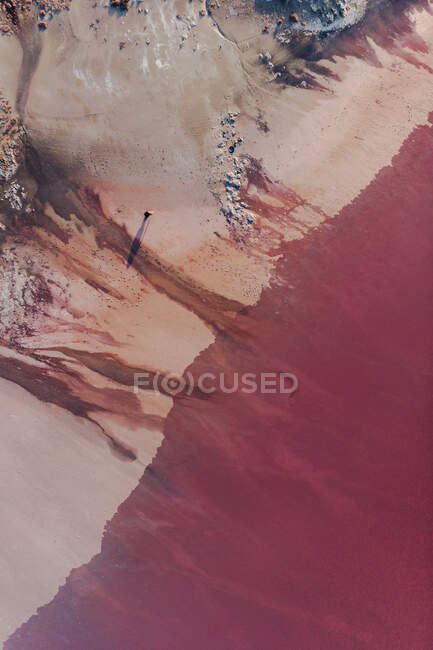 Von oben Luftaufnahme eines einsamen Abenteurers, der unwegsames, hügeliges, trockenes Gelände mit rosafarbener Oberfläche durchquert — Stockfoto
