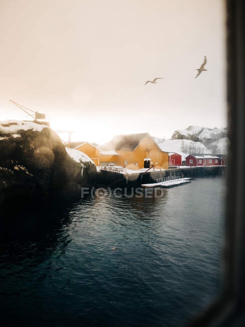 Vista incrível de cabanas amarelas e vermelhas localizadas na praia nevada contra o céu cinza com pássaros da janela do navio nas Ilhas Lofoten, Noruega — Fotografia de Stock