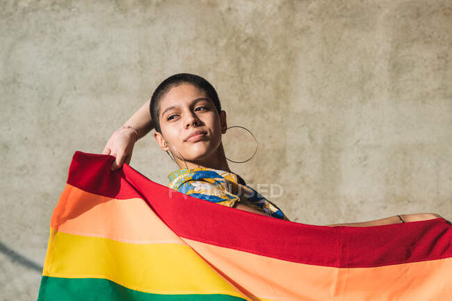 Серьёзная молодая бисексуальная этническая женщина с разноцветным флагом, представляющим символы ЛГБТК и отворачивающаяся в солнечный день — стоковое фото