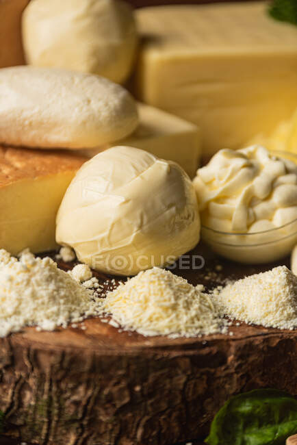 Collection de fromages italiens entiers et râpés sur table en bois — Photo de stock