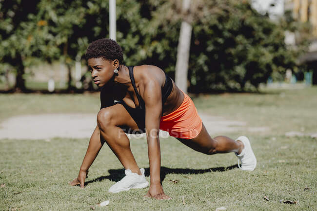 Giovane donna afroamericana di fitness che si prepara per correre e fare esercizio sul parco — Foto stock