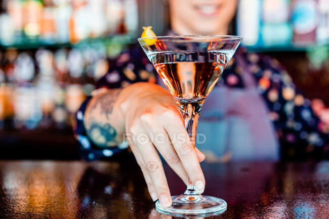 Anonymous cheerful female barkeeper with glass of refreshing vermouth standing at counter in bar — Stock Photo