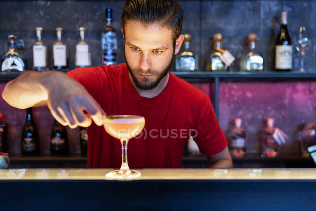 Focused barman decorating cocktail with green leaf served in glass goblet on counter in bar — Stock Photo