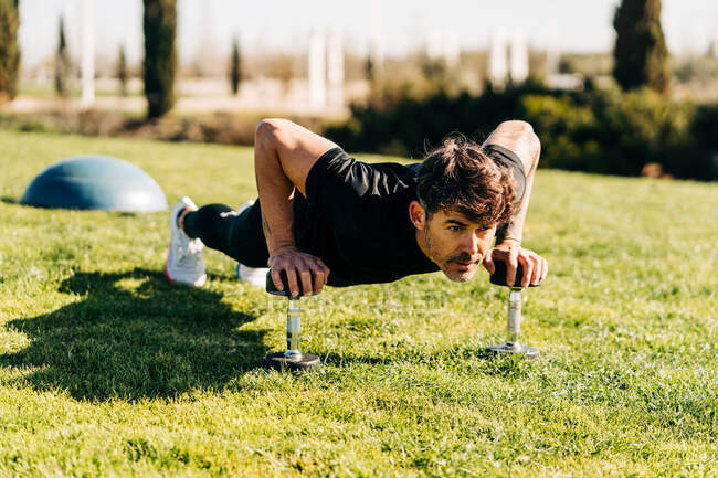 Adult male athlete working out on dumbbells while standing in plank pose and looking forward on urban lawn in sunlight — Stock Photo