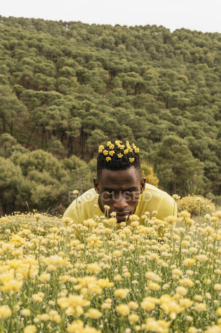 African American male model with yellow wildflowers in hair hiding in blooming field and looking at camera — Stock Photo