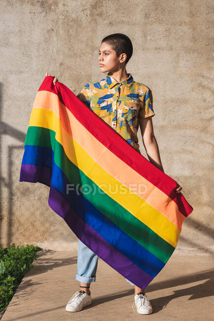 Graves jovens bissexuais fêmea étnica com bandeira multicolorida representando símbolos LGBTQ e olhando para longe no dia ensolarado — Fotografia de Stock