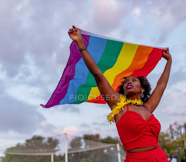 Знизу стильна афро-американська жінка в моді носить піднятий прапор з веселковим орнаментом, дивлячись вгору по дорозі — стокове фото