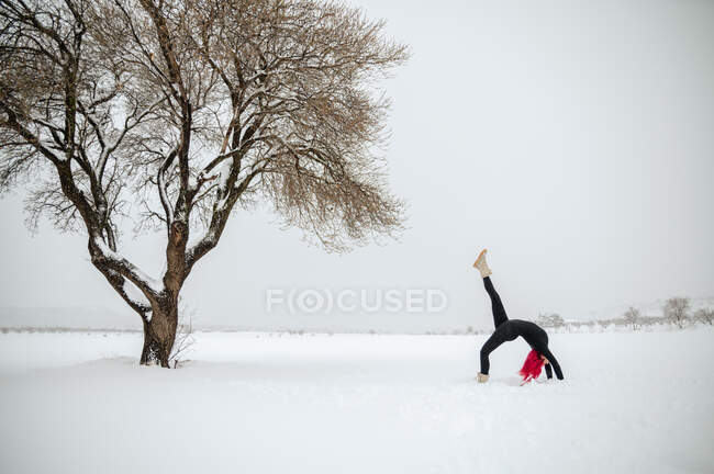 Бічний вид на квітучу самицю, що практикує йогу в Ека-пада Урдхва Дханурасана, стоячи з піднятою ногою на сніговому полі взимку. — стокове фото