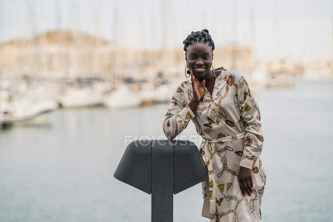 Elegante feliz hermosa dama afroamericana con trenzas africanas sonriendo mirando a la cámara en el parque - foto de stock