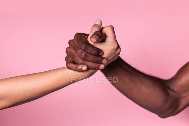 Багатоетнічні руки білої жінки та чорношкірого чоловіка, що роблять рукостискання ізольовані на рожевому фоні; концепція єдності та включення — стокове фото