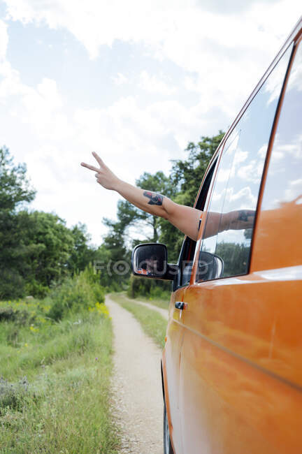 Crop anonymous traveler driving van on road in forest and showing peace sign during summer trip — Stock Photo