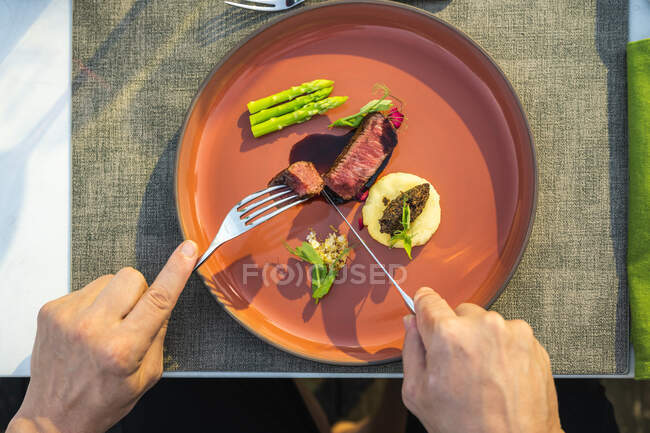 Manos sosteniendo cubiertos onwell plato de lomo de ternera a la parrilla adornado en el restaurante de alta cocina al aire libre - foto de stock