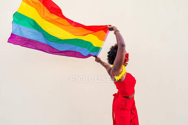 Elegante mujer afroamericana en ropa de moda y gafas con bandera de colores mirando hacia otro lado durante la celebración - foto de stock