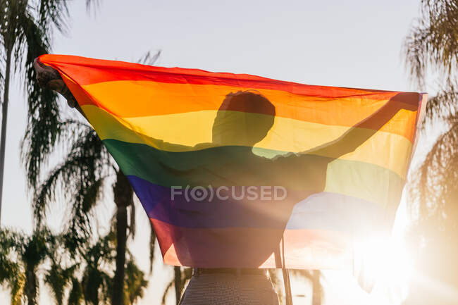 Silhouette anonymer männlicher Homosexueller mit Regenbogen-LGBT-Flagge an einem sonnigen Tag in der Stadt — Stockfoto