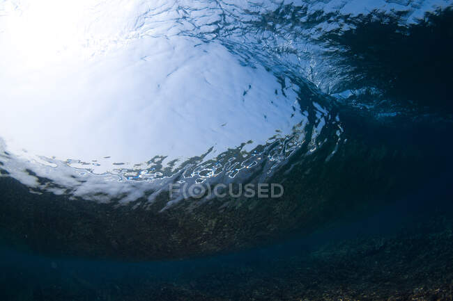 Vista subacquea del fondo roccioso grezzo del mare con acqua blu durante il giorno — Foto stock