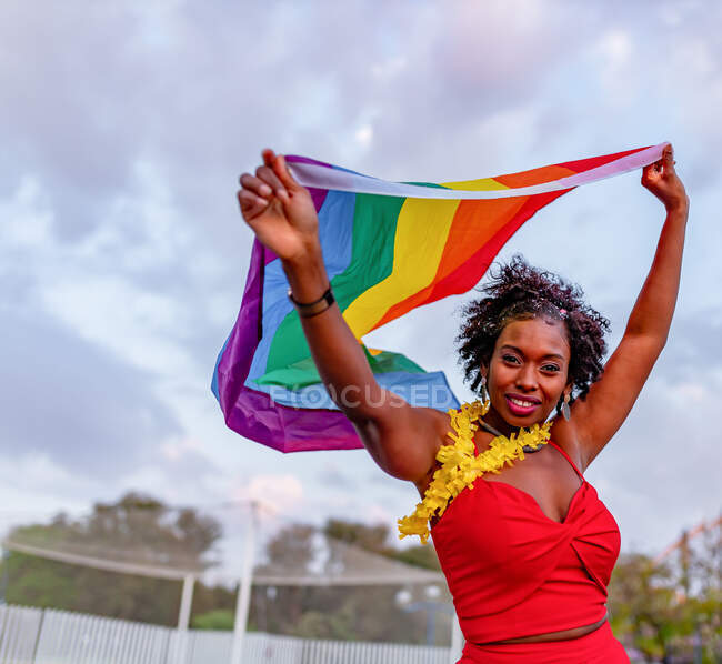 De baixo de uma mulher afro-americana elegante na moda usar levantar bandeira com ornamento arco-íris enquanto olha para a câmera na estrada — Fotografia de Stock
