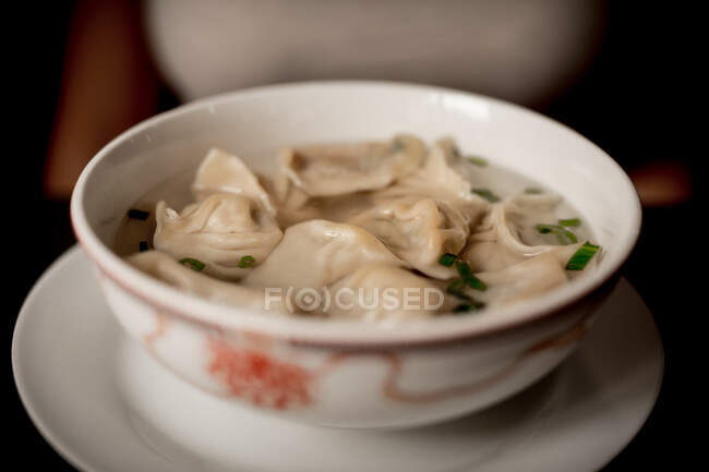Closeup bowl of delicious soup with dumplings and spring onion against black background — Stock Photo