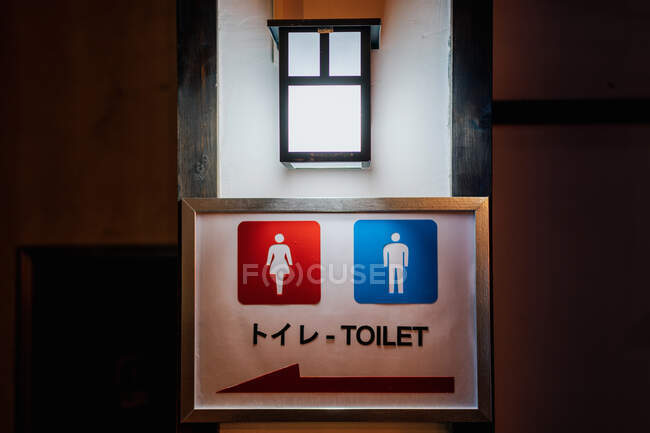 Tablet with male and female figures and inscription toilet near hieroglyphs and red arrow on white building — Stock Photo