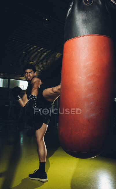 Young focused Asian man training kick boxing performing strike kicks while exercising with heavy punching bag in a modern gym — Stock Photo