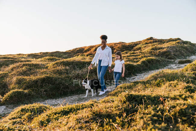 Full body of happy multiethnic woman and little girl with Border Collie dog walking together on trail among grassy hills in sunny spring evening — Stock Photo