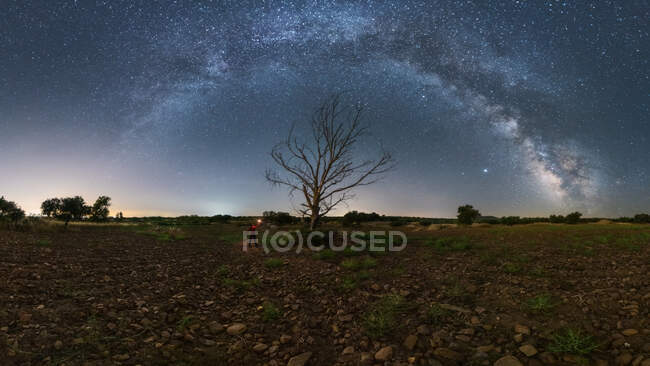 Turista in piedi in terreno roccioso arido con torcia luminosa sotto il cielo stellato di notte — Foto stock