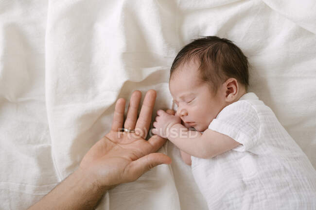 From above of cute infant sleeping on bed and holding finger of crop unrecognizable parent — Stock Photo