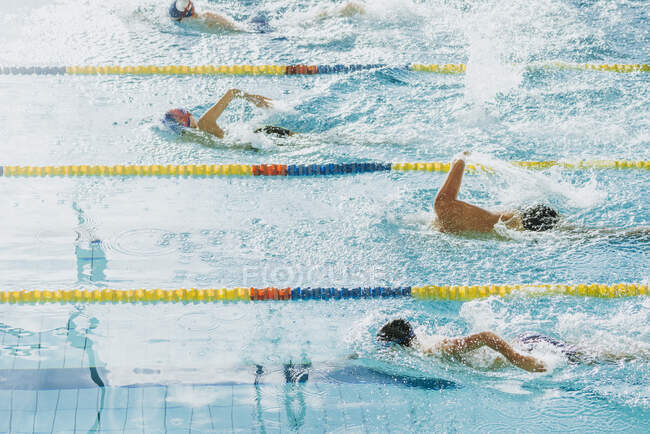 Desde arriba vista lateral de personas nadando con salpicaduras en piscina con carriles de natación — Stock Photo