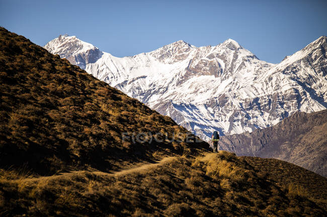 Vista posteriore di esploratore anonimo con zaino che cammina lungo il sentiero in Himalaya montagne in Nepal — Foto stock