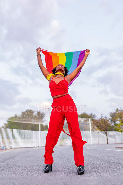 Von unten eine stylische Afroamerikanerin in trendiger Kleidung, die Flagge mit Regenbogenornament hisst, während sie auf die Fahrbahn blickt — Stockfoto