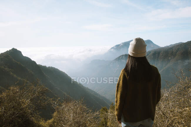 Back view of unrecognizable woman in warm clothes standing alone on viewpoint and looking at foggy mountain ridges covered fluffy clouds in Sequoia National Park under blue sky in USA — Stock Photo