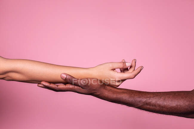 Чёрный мужчина нежно держит руку белой женщины на розовом фоне; концепция единства и включения — стоковое фото