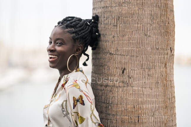 Stylisch lächelnde schöne Afroamerikanerin mit afrikanischen Zöpfen schaut im Park weg — Stockfoto
