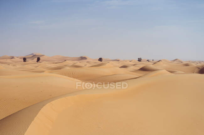Paesaggio desertico minimalista con dune sabbiose e cielo azzurro negli Emirati — Foto stock