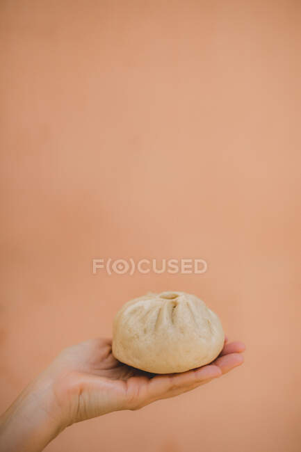 Mãos de meia idade segurando baozi cozido no vapor contra fundo liso — Fotografia de Stock