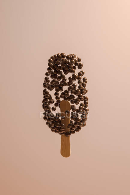 Vista lateral de um sorvete surreal composto por bolas de chocolate suspensas no ar — Fotografia de Stock