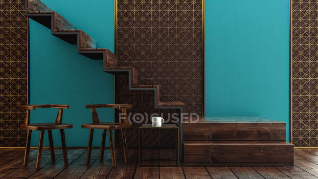 Interior with Art Deco style. Wooden stairs and chairs on green background. Vintage and rustic interior. — Stock Photo