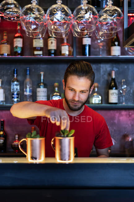 Inhalt männlicher Barkeeper garniert Moskauer Maultier-Cocktails mit Minzblättern, die in Kupferbechern auf der Theke in der Bar serviert werden — Stockfoto