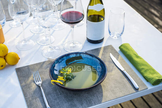 Leckere und gut garnierte Linsensuppe gepaart mit Rotwein im gehobenen Restaurant — Stockfoto