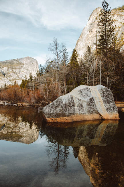 Breathtaking landscape of big multicolored boulder among silent pond with amazing reflection on smooth water surface against tall evergreen and leafless trees at foot of rocky mountains in Yosemite National Park in overcast cold weather — Stock Photo
