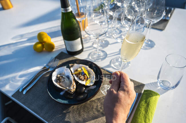 Delizioso e ben decorato piatto di ostrica accoppiato con champagne al ristorante di alta cucina all'aperto mentre mano tiene bicchiere di champagne — Foto stock