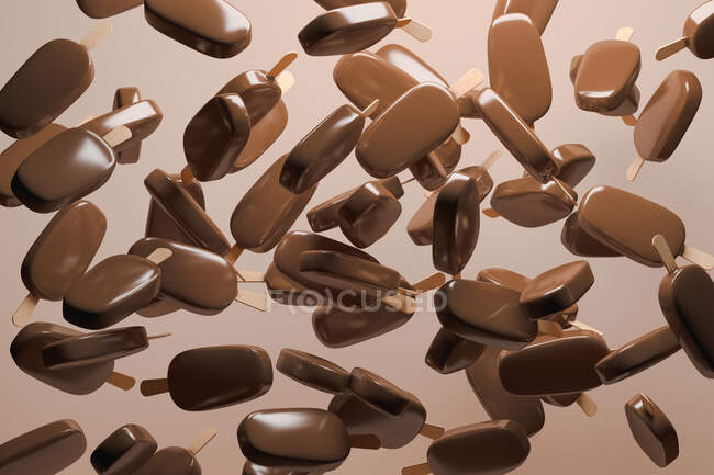 Background of delicious chocolate ice creams while falling from above — Stock Photo