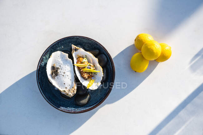 Delicious and well decorated oyster's dish at outdoor high cuisine restaurant — Stock Photo