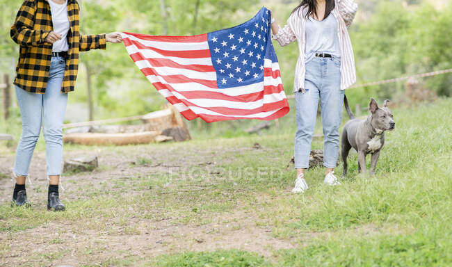Cultivo irreconocible lesbiana multirracial pareja de mujeres corriendo con bandera nacional americana a lo largo del camino en el bosque y sonriendo - foto de stock