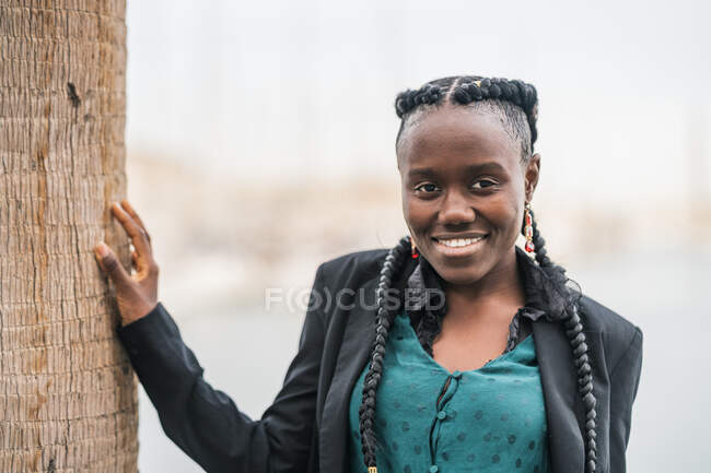 Stylisch lächelnde schöne Afroamerikanerin mit afrikanischen Zöpfen blickt im Park in die Kamera — Stockfoto