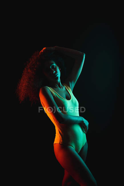 Young African American female in underwear with hand on waist touching curly hair while looking at camera — Stock Photo