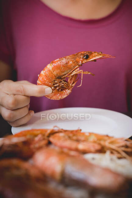 Crop young beautiful female in casual clothes eating prepared appetizing prawns in restaurant — Stock Photo