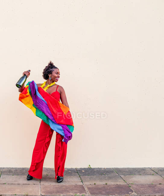 Cheerful African American female in elegant apparel with bottle of alcoholic drink and colorful flag looking away on light background — Stock Photo