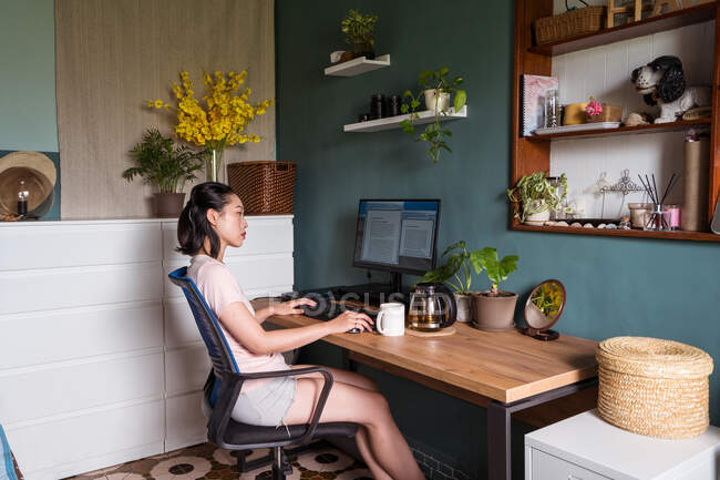 Vista lateral de la mujer asiática freelancer leyendo documentos en el monitor de la computadora mientras está sentado en la mesa durante el trabajo remoto - foto de stock